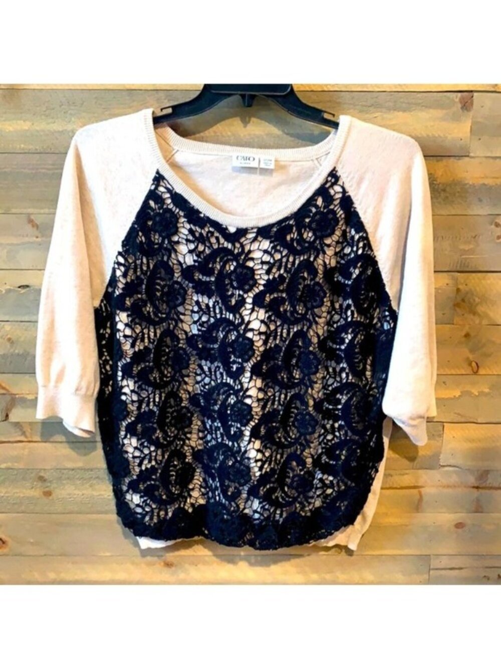 Cato Woman Beige & Black Lace Overlay Top Size 22/24W 3/4 Sleeve Scoop Neck